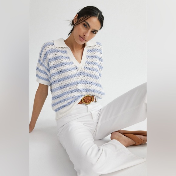 Anthropologie Maeve Striped Open Back Knit Sweater Blue White Top M Preppy Style - Picture 3 of 15